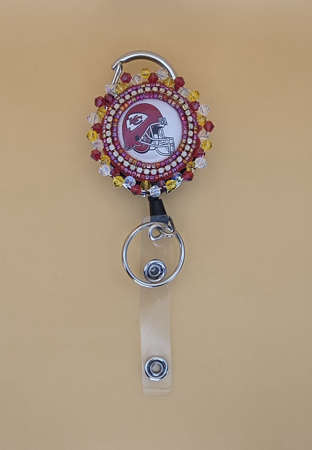 Kansas City Chiefs Beaded Badge Reel — Red & Gold Sparkle