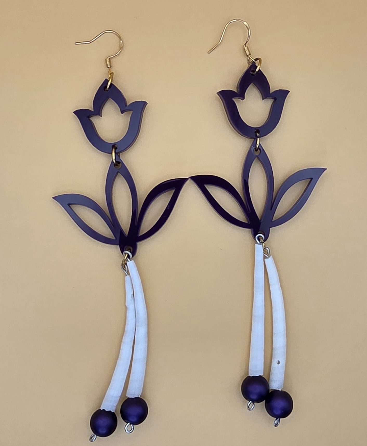 Tulip Earrings — Midnight Bloom with White Leather Fringe