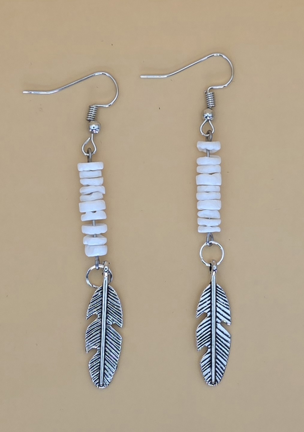 Feather Drop Earrings — White Shell Morning