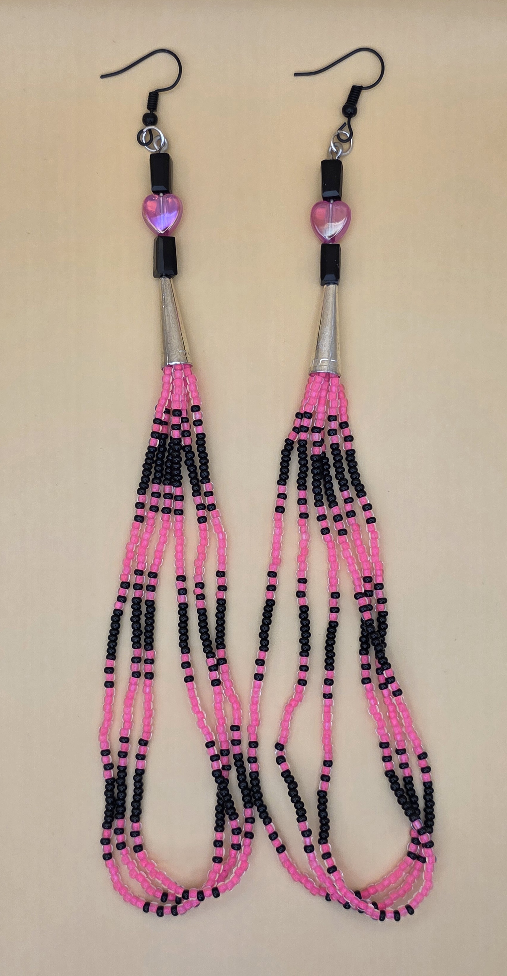 Sweetheart Fringe Beaded Earrings — Pink & Black
