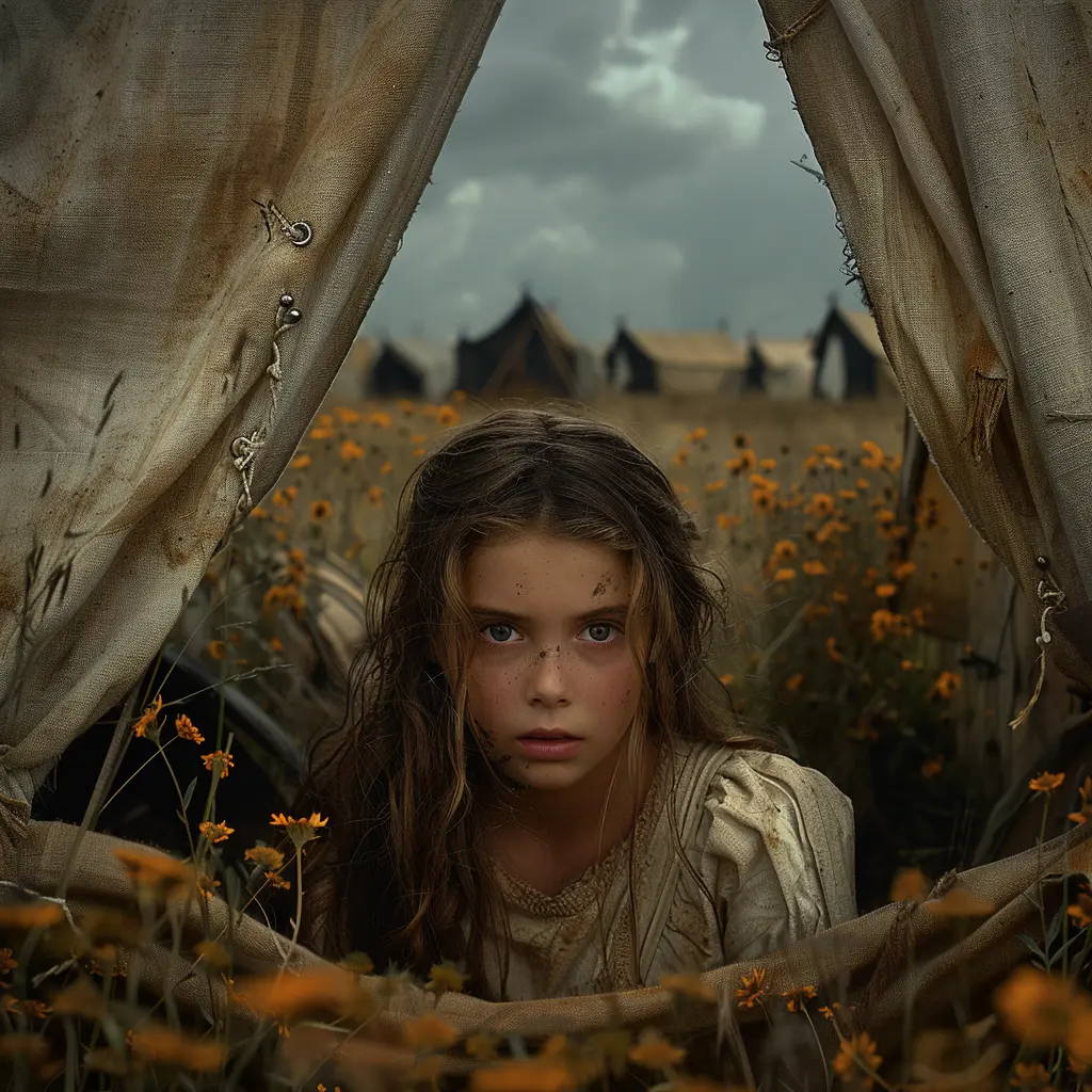 View from inside covered wagon: vast prairie, distant wagons, golden landscape. Blurred edges convey child's perspective.