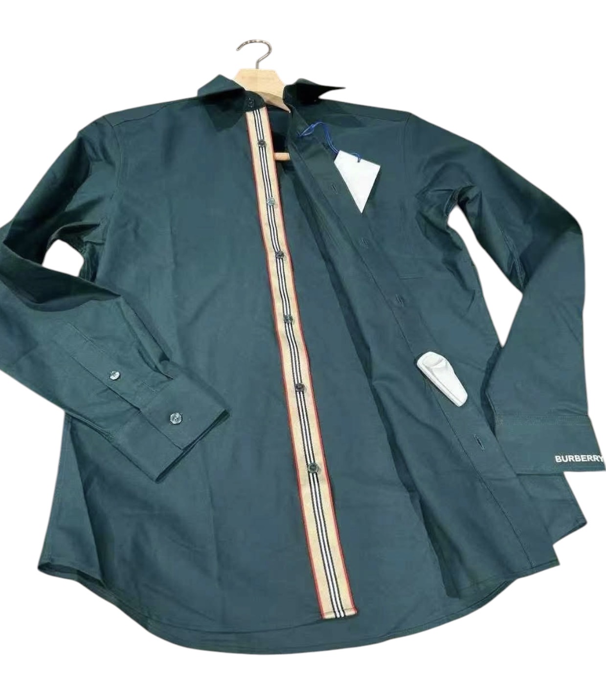 Burberry Men's Green Button-Up Shirt with Check Detail