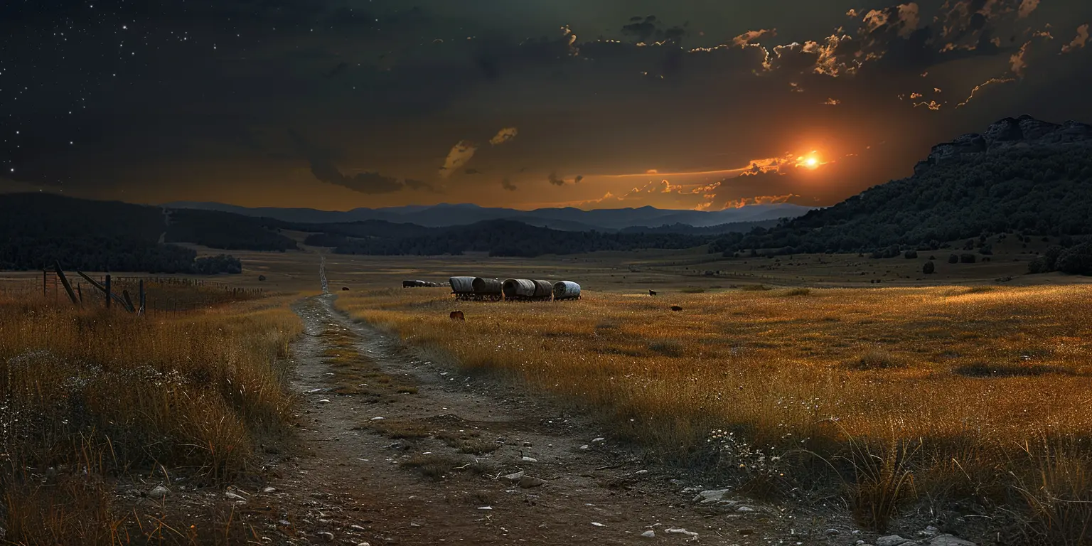 Sunset over Oregon Trail prairie with covered wagons in foreground, golden grass, and starry sky above.