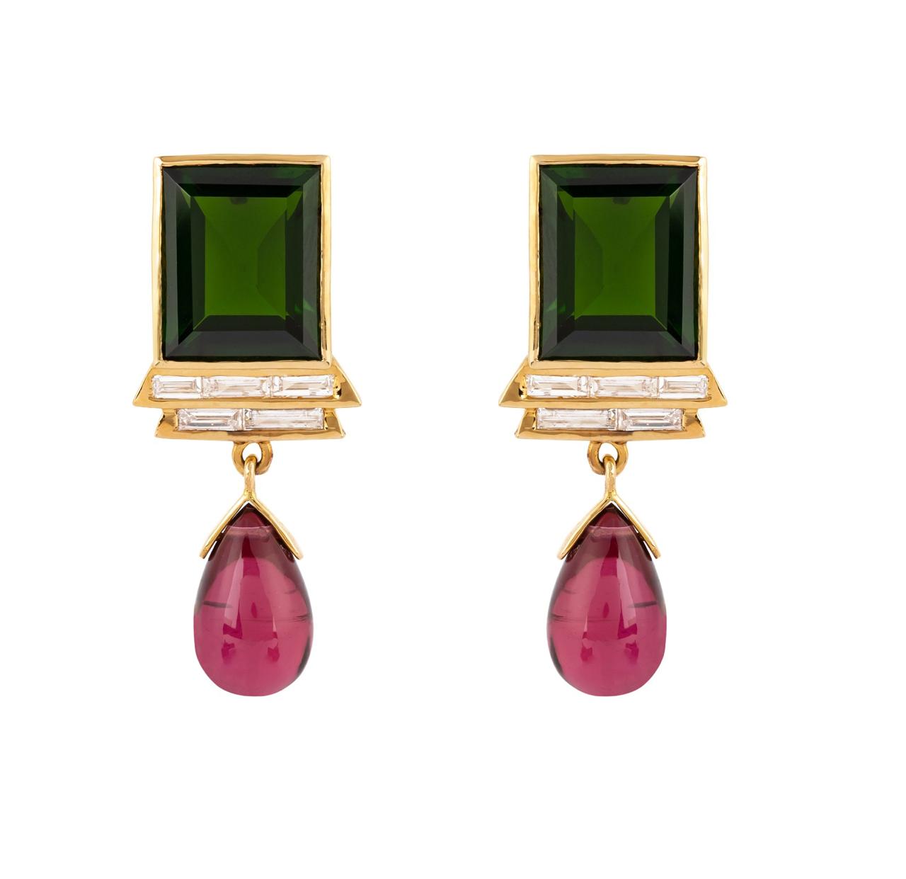 ART DECO GREEN TOURMALINE DIAMOND & RUBILITE EARRINGS