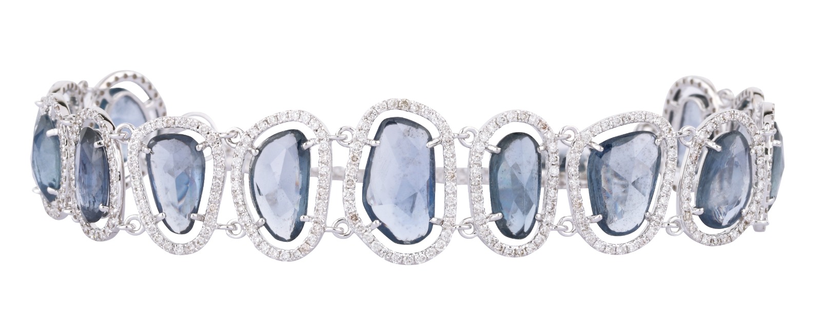 ROSE CUT BLUE SAPPHIRE ORGANIC SHAPE BRACELET W/ FLOATING DIAMOND HALO
