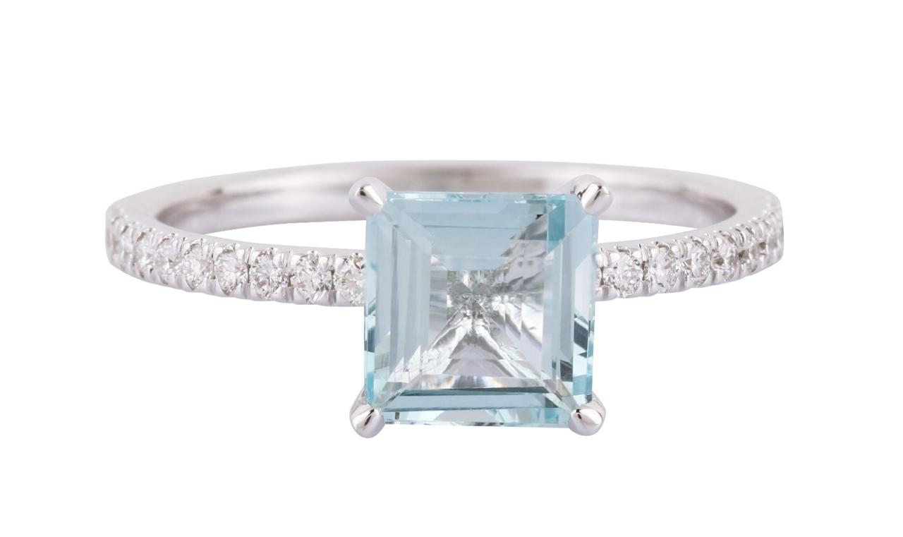 AQUAMARINE SOLITAIRE ON DIAMOND ETERNITY BAND RING