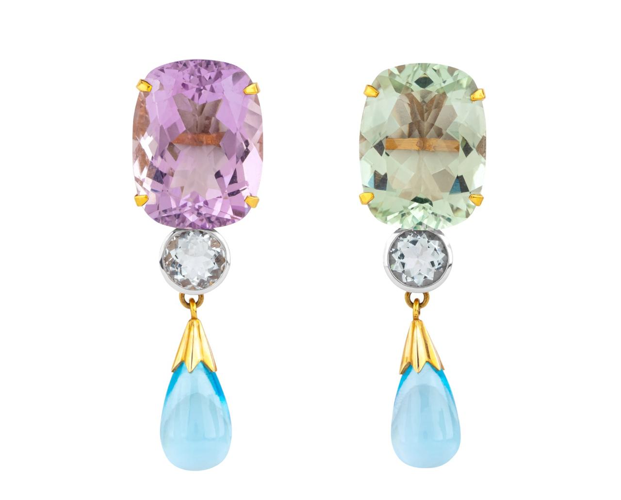 PURPLE AND GREEN SAPPHIRE AND BLUE TOPAZ DROP EARRINGS