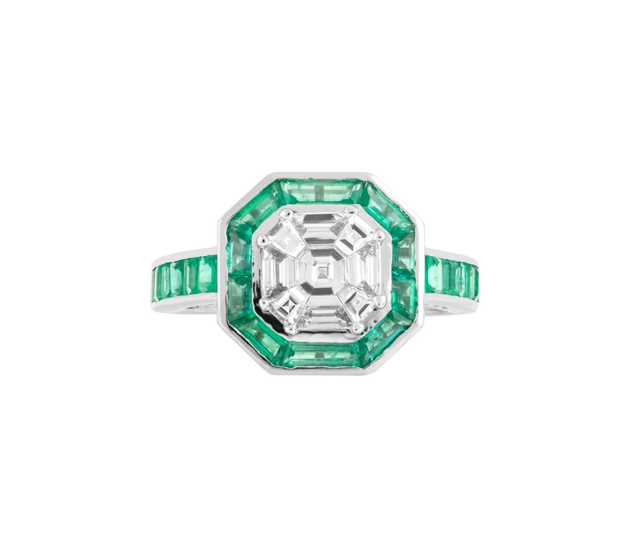 CHANNEL SET EMERALD DIAMOND ILLUSION RING