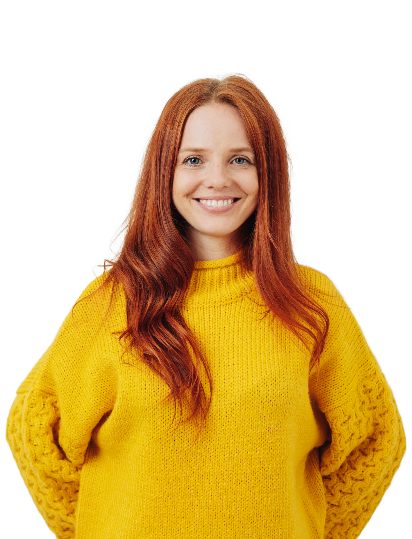 A woman in a white shirt is smiling with her hand on her chin