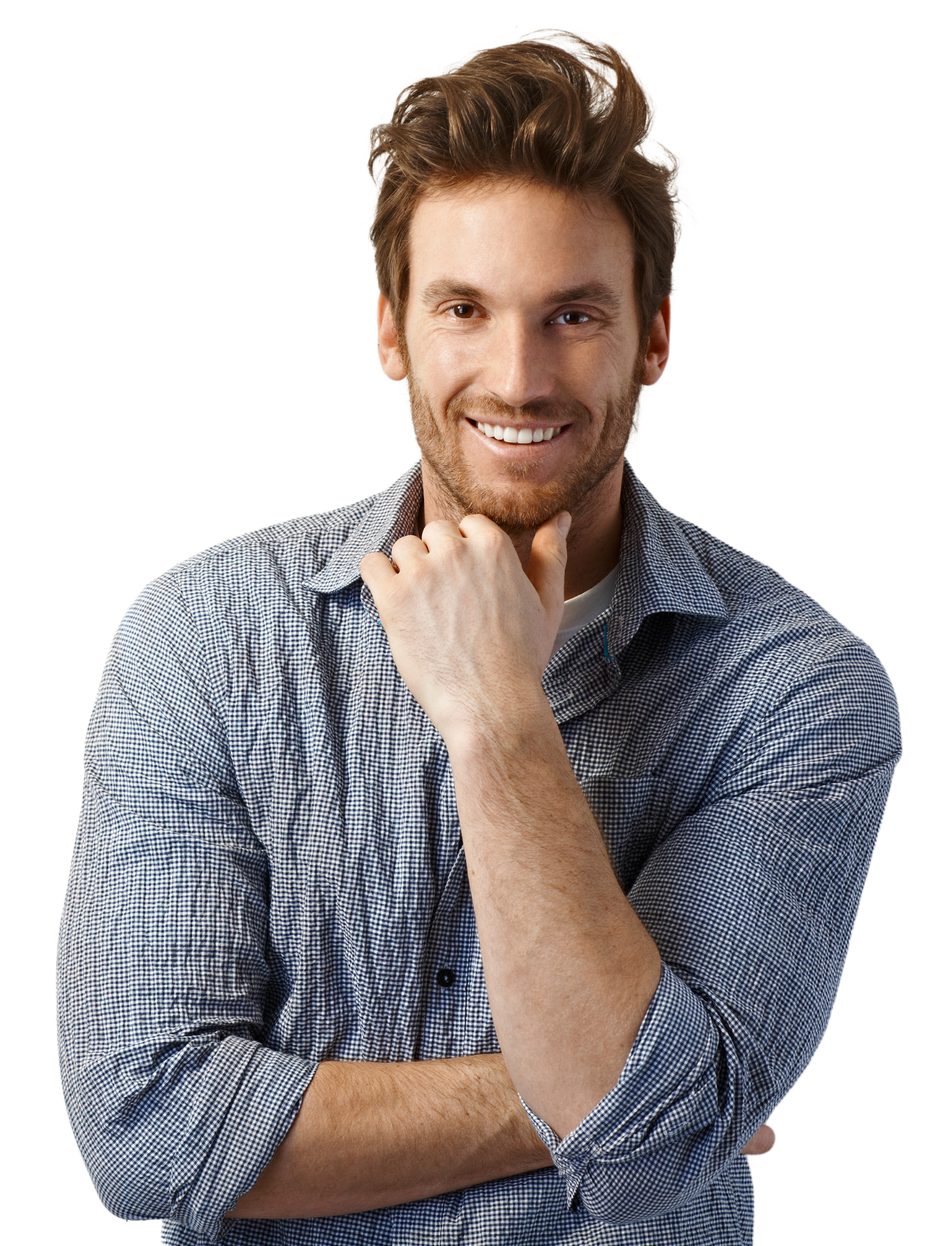 A woman in a white shirt is smiling with her hand on her chin