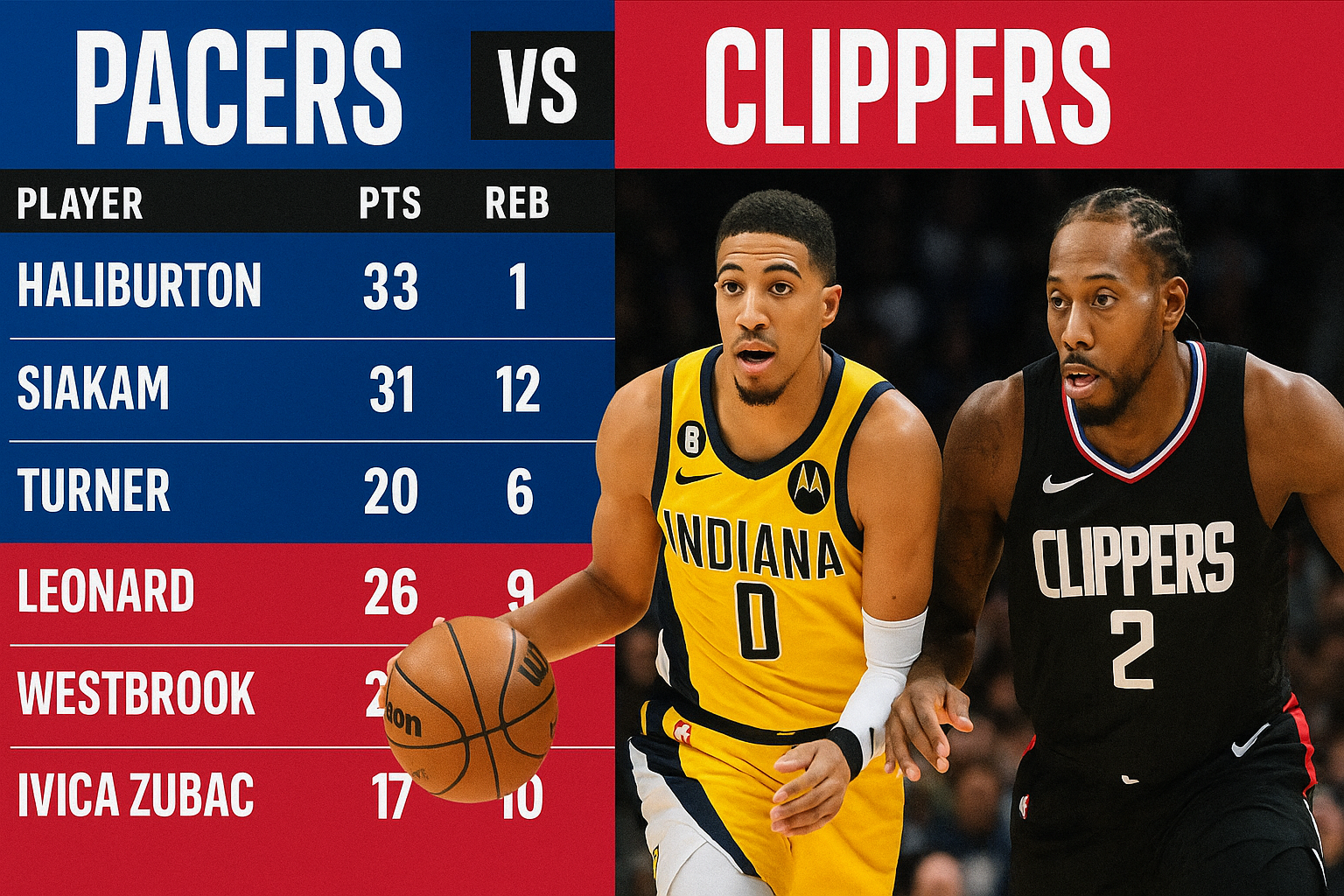pacers vs la clippers match player stats