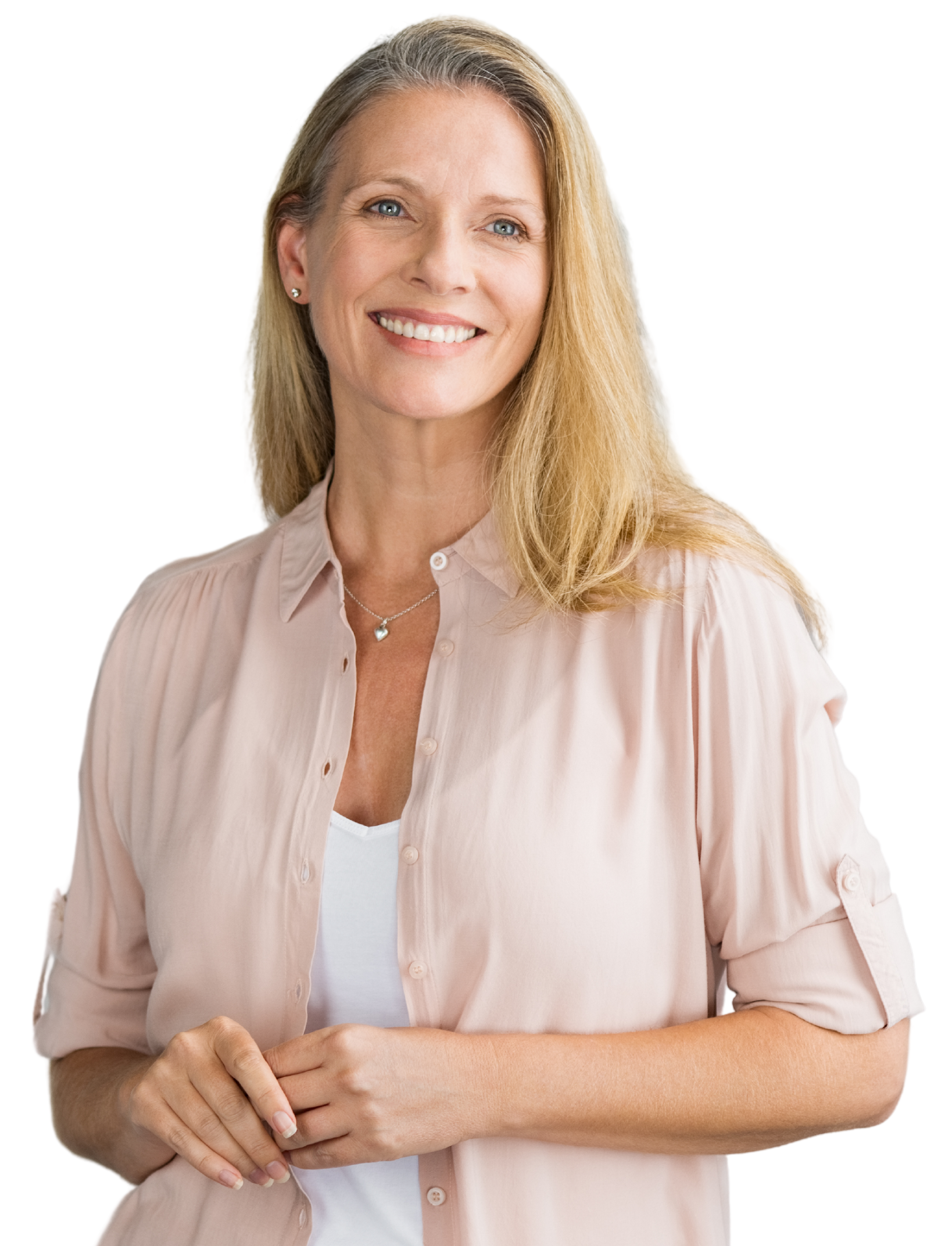 A woman in a white shirt is smiling with her hand on her chin