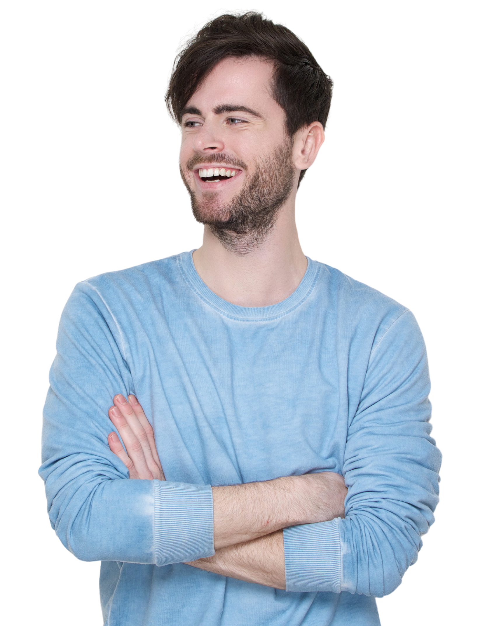 A woman in a white shirt is smiling with her hand on her chin