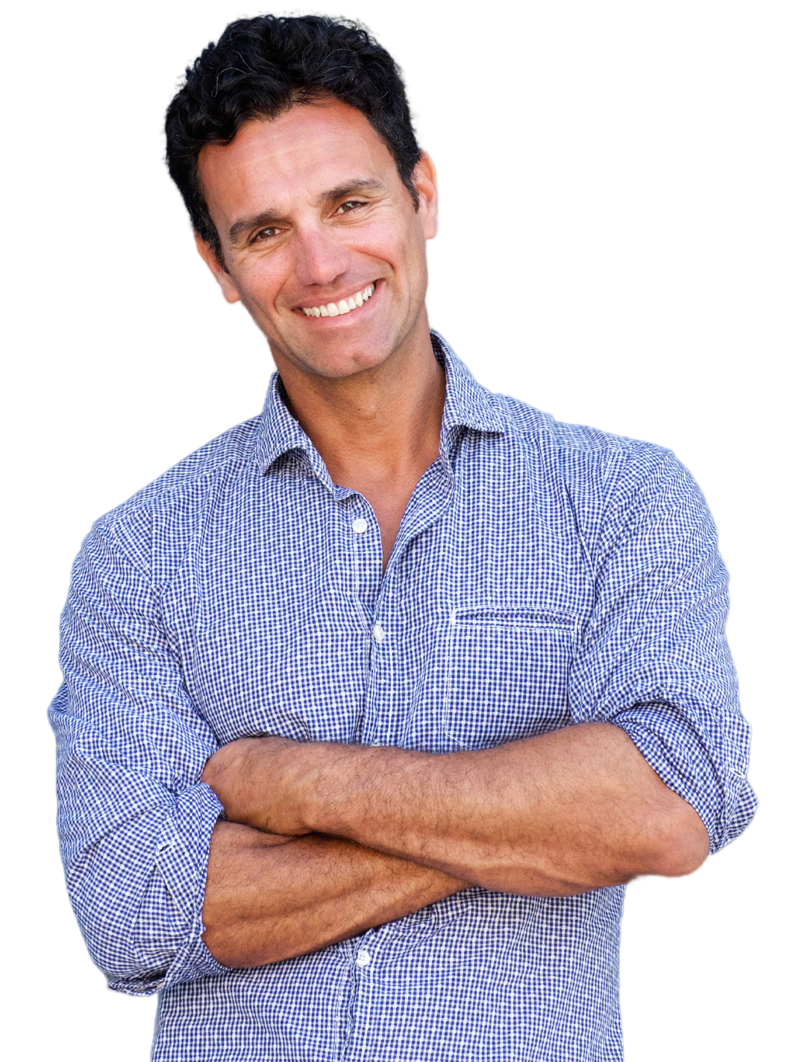 A woman in a white shirt is smiling with her hand on her chin