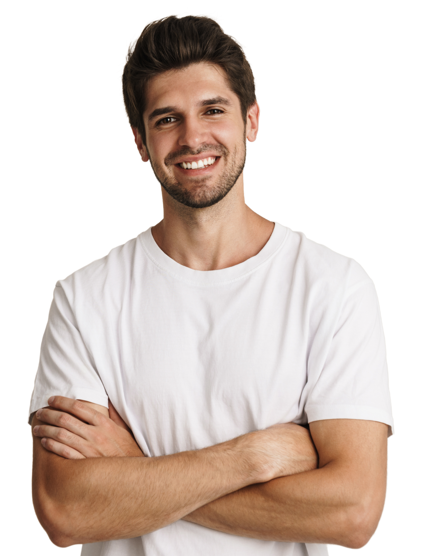 A woman in a white shirt is smiling with her hand on her chin