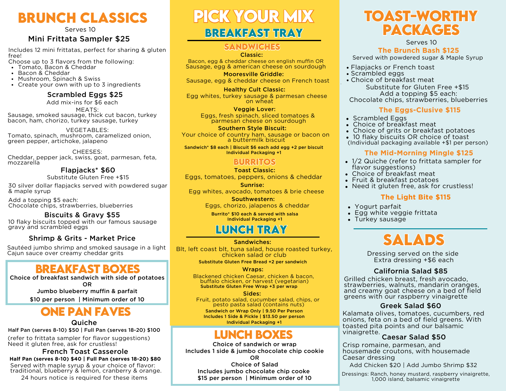 A menu for famous toastery has a picture of a sandwich and a salad on it