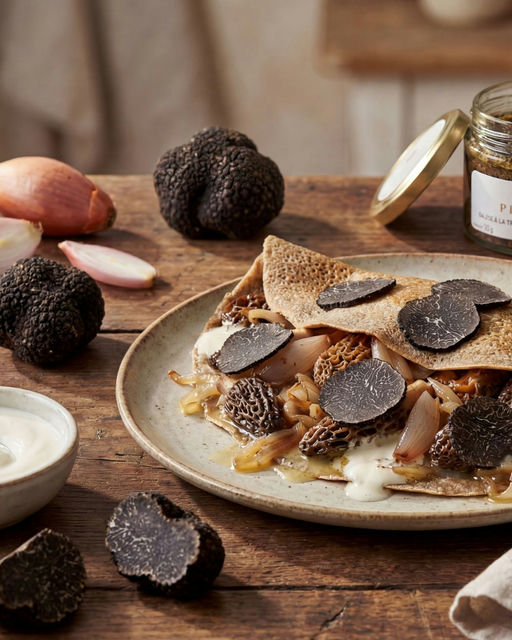 Waldcrepes mit Sommertrüffelsauce & schwarzer Trüffel