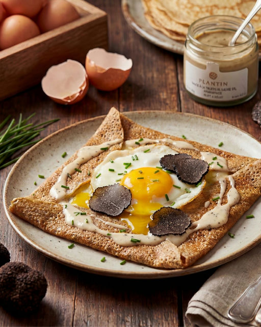 Pfannkuchen mit weißer Trüffelsauce und schwarzen Trüffelscheiben