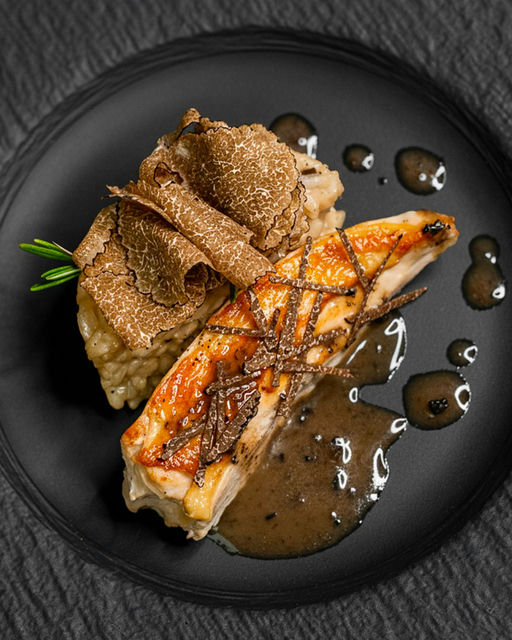 Risotto al tartufo di Borgogna e salsa di tartufo nero, filetto di pollo grigliato