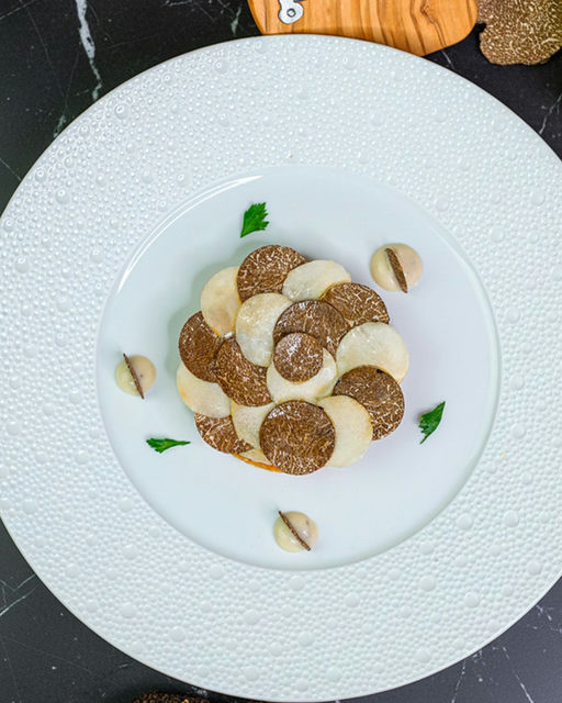 Thin Tart with Autumn Truffle, Celery Cream, and Summer Truffle Paste