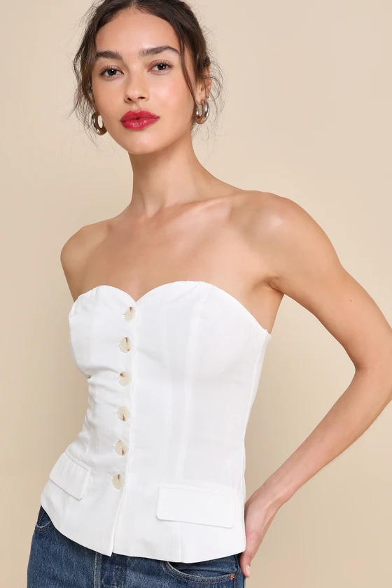 Flawlessly Preppy Ivory Strapless Button-Up Vest Top