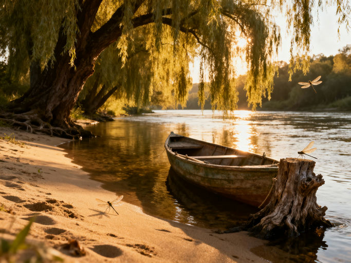 Tranquil Riverbank Willow Tree Scene