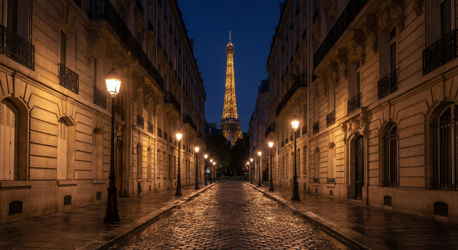 Empty Parisian Street at Night