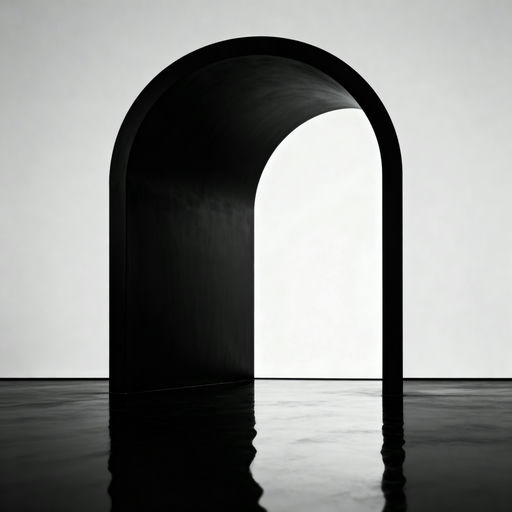 A smooth, matte black archway stands centrally against a subtly lit white gradie...