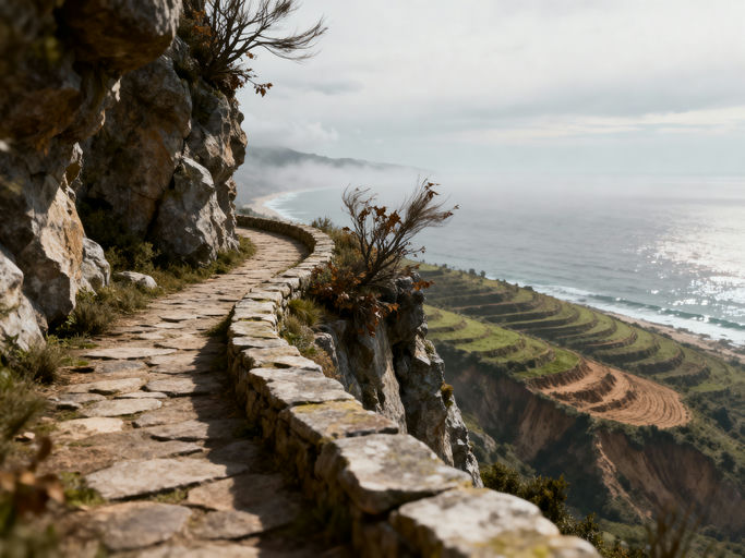 The narrow, winding path hugs the edge of a low cliff face, overlooking a series...