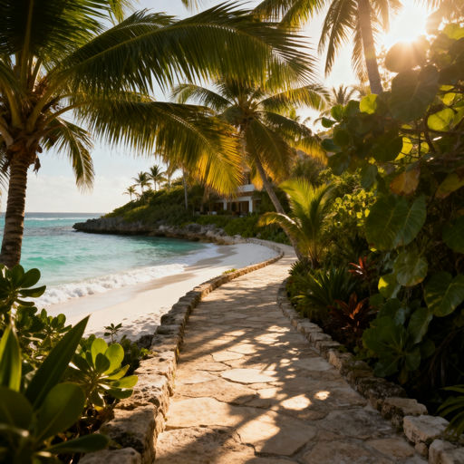 A secluded pathway through lush tropical gardens, leading directly to a hidden s...