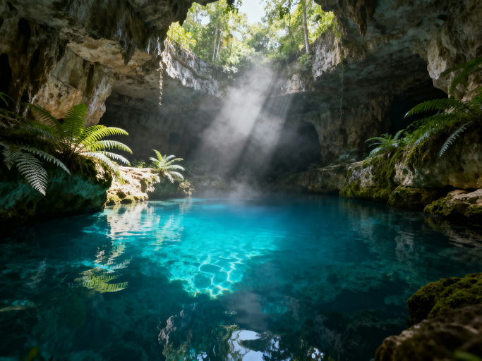 Hidden Cenote Sunlight Reflections View