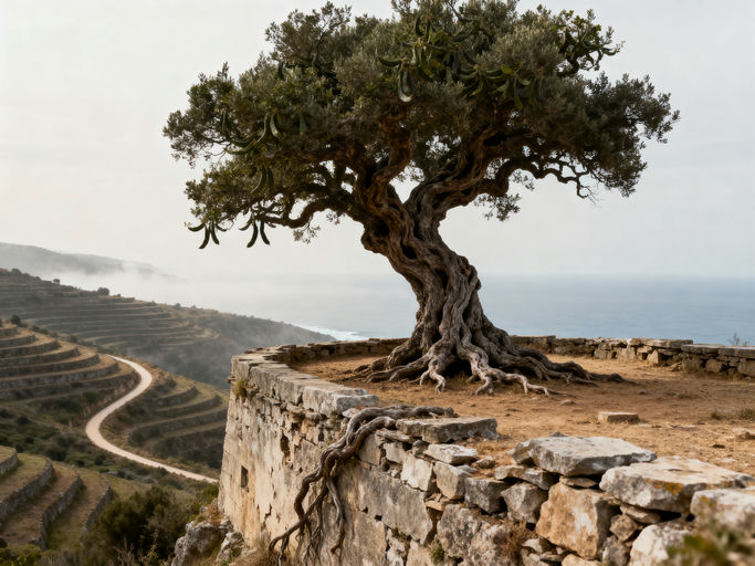 Ancient Carob Tree Terrace View