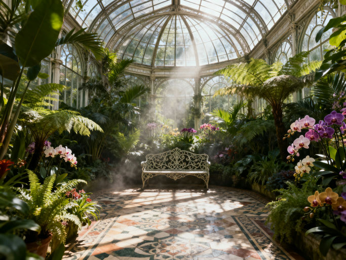 Victorian Glasshouse Botanical Garden Scene