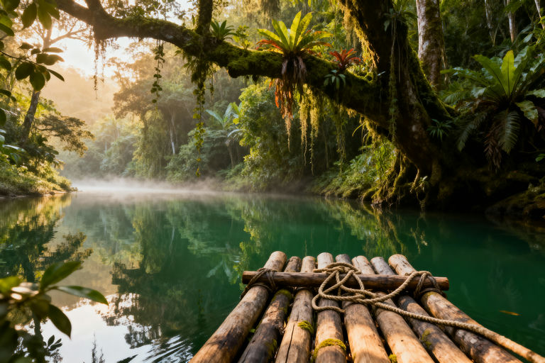 Calm Jungle River Wooden Raft
