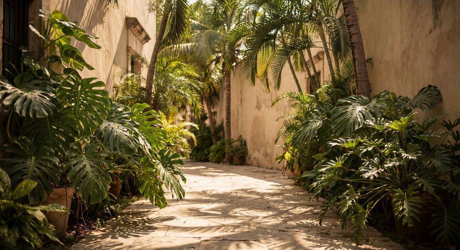 Sun-Dappled Tropical Alleyway View