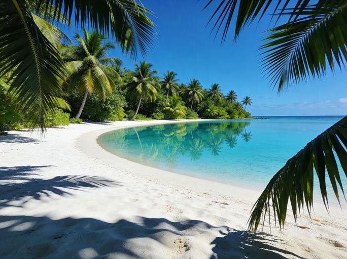 A secluded tropical cove, where the calm, azure water gently meets a crescent of...