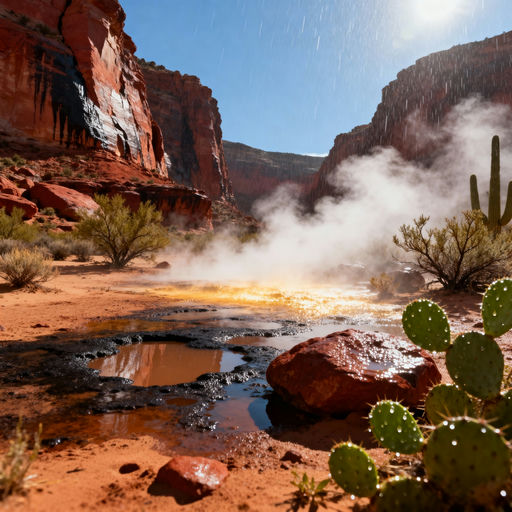 A sun-drenched desert landscape after a rare, sudden downpour