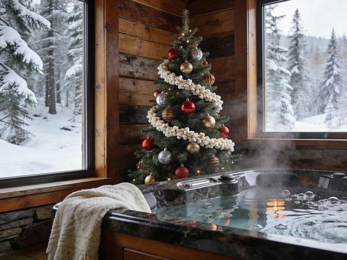 Inside a cozy mountain cabin, a bubbling jacuzzi is positioned near a large pict...