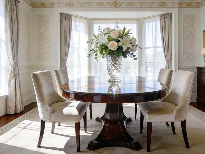 An elegant dining nook in a bright 5-star hotel suite at midday