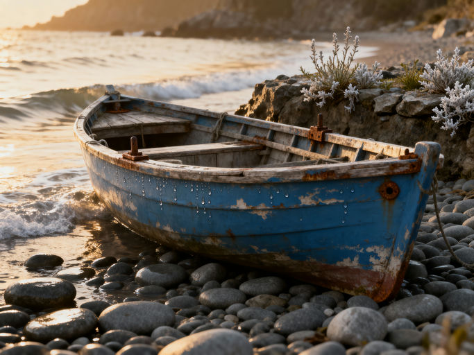 Quiet Pebble Beach Fishing Boat