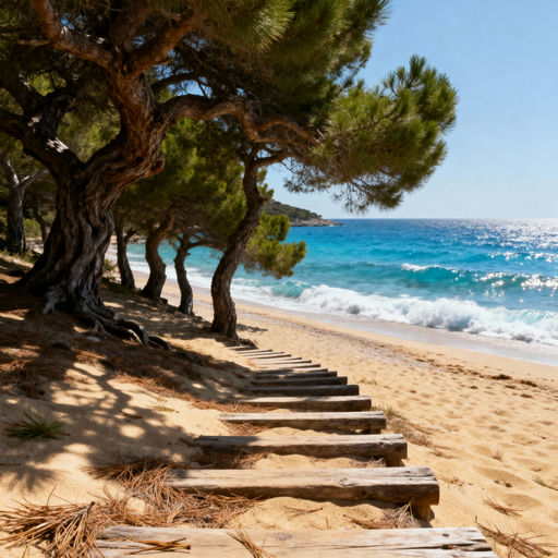 Pine-Fringed Beach Azure Sea
