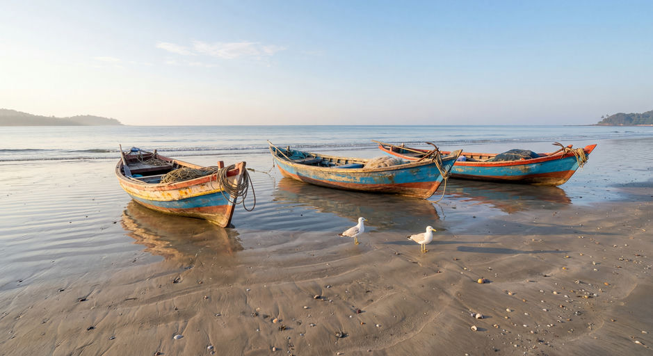 Sandy Beach Fishing Boats Morning