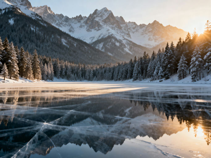 Frozen Mountain Lake Snowy Forest