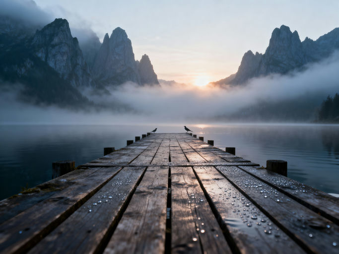 Drewniane molo delikatnie zanurzające się w mglistą taflę górskiego jeziora o ws...