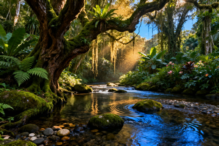 Peaceful Jungle Stream Sunlight