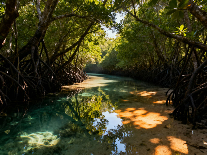 Sun-Dappled Mangrove Waterway Scene