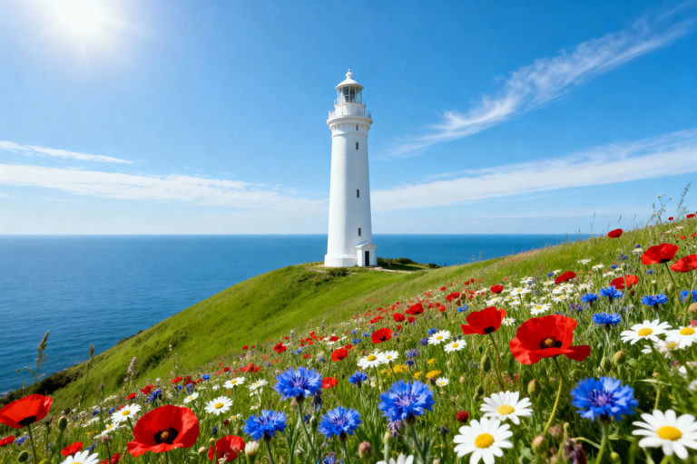 Lighthouse Poppy Field Seascape