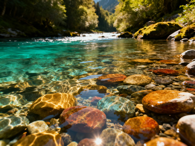 Clear Turquoise Mountain River Bed