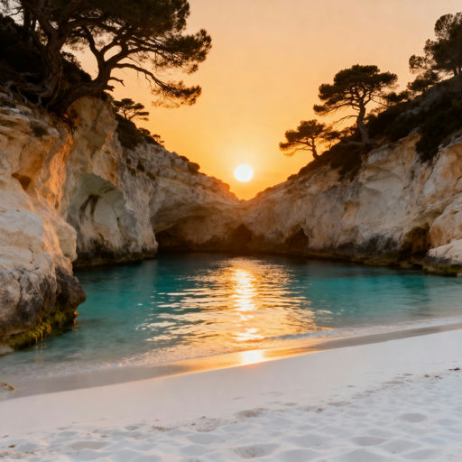 A secluded Ibiza cala at golden hour