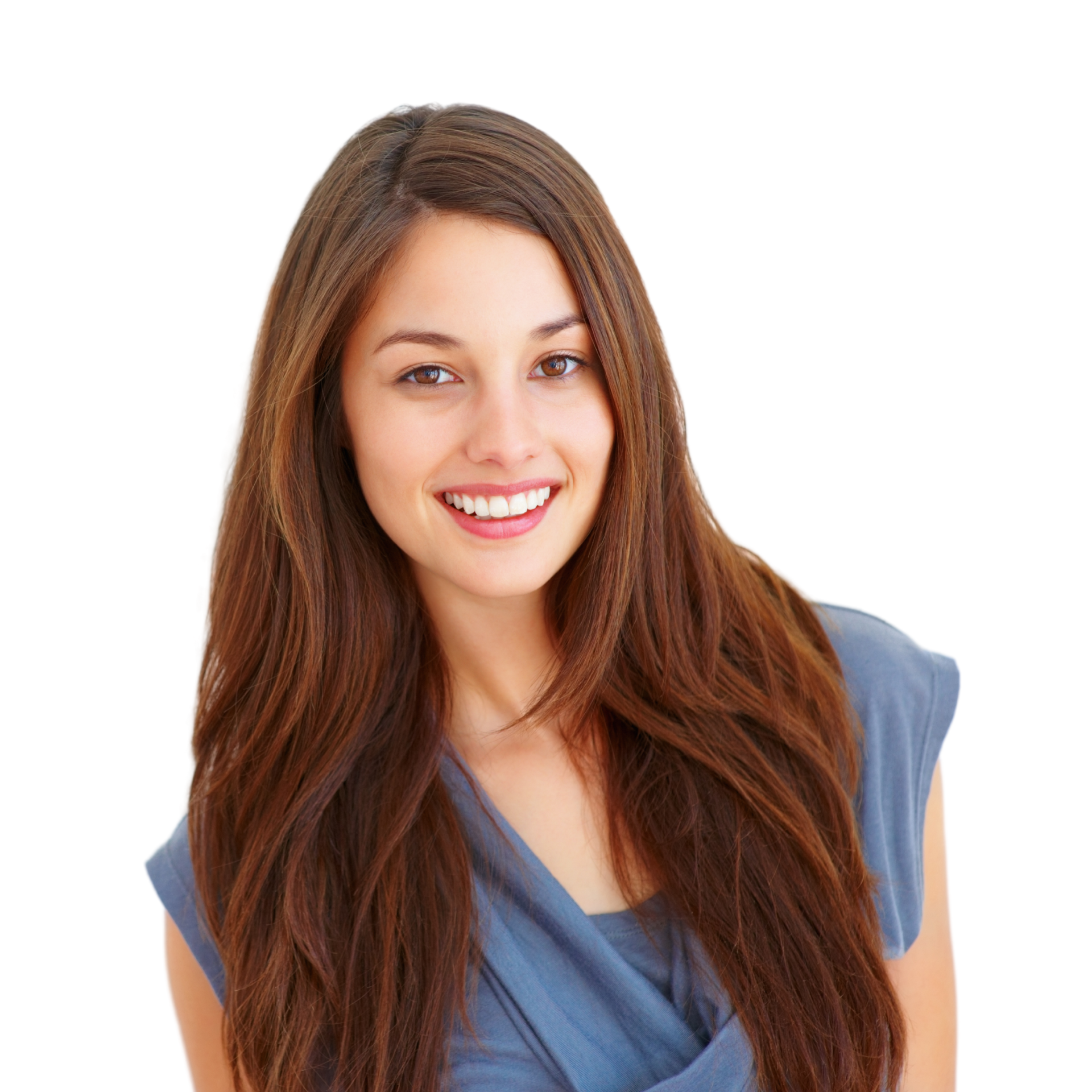 A woman with long hair is smiling with her hands on her face.